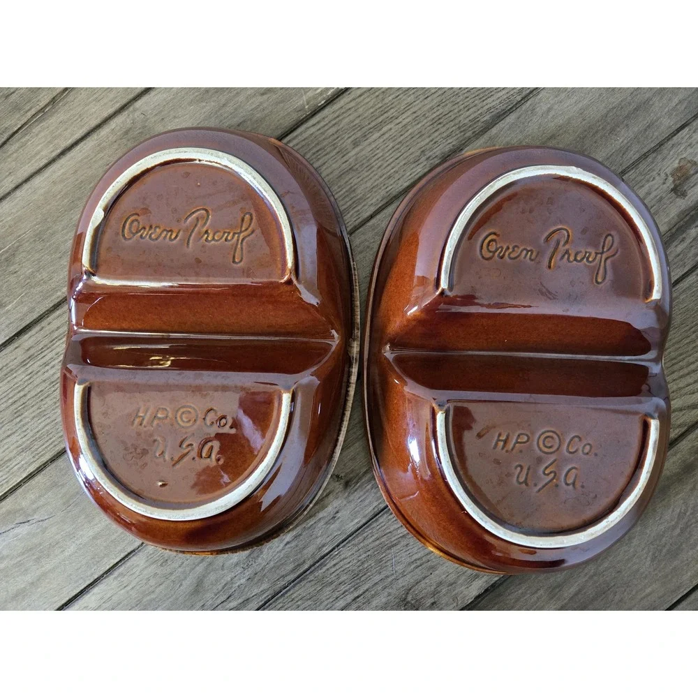 Set Of 2 Divided Oval Serving Dish Hull Oven Proof HP Co. Brown Drip Glaze 11
